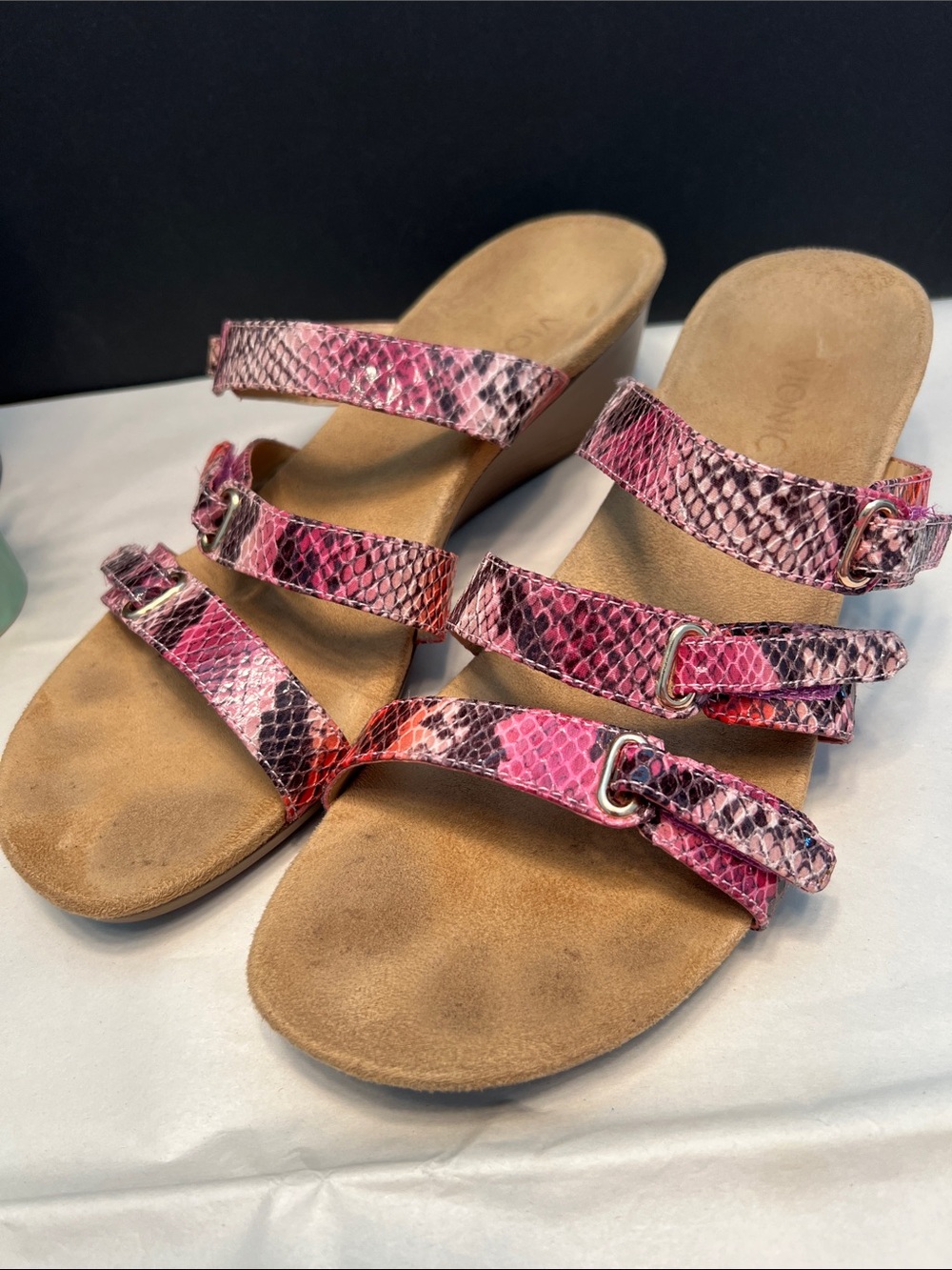 Vionic Pink Snake-Print Triple Buckle Slide Sandal
